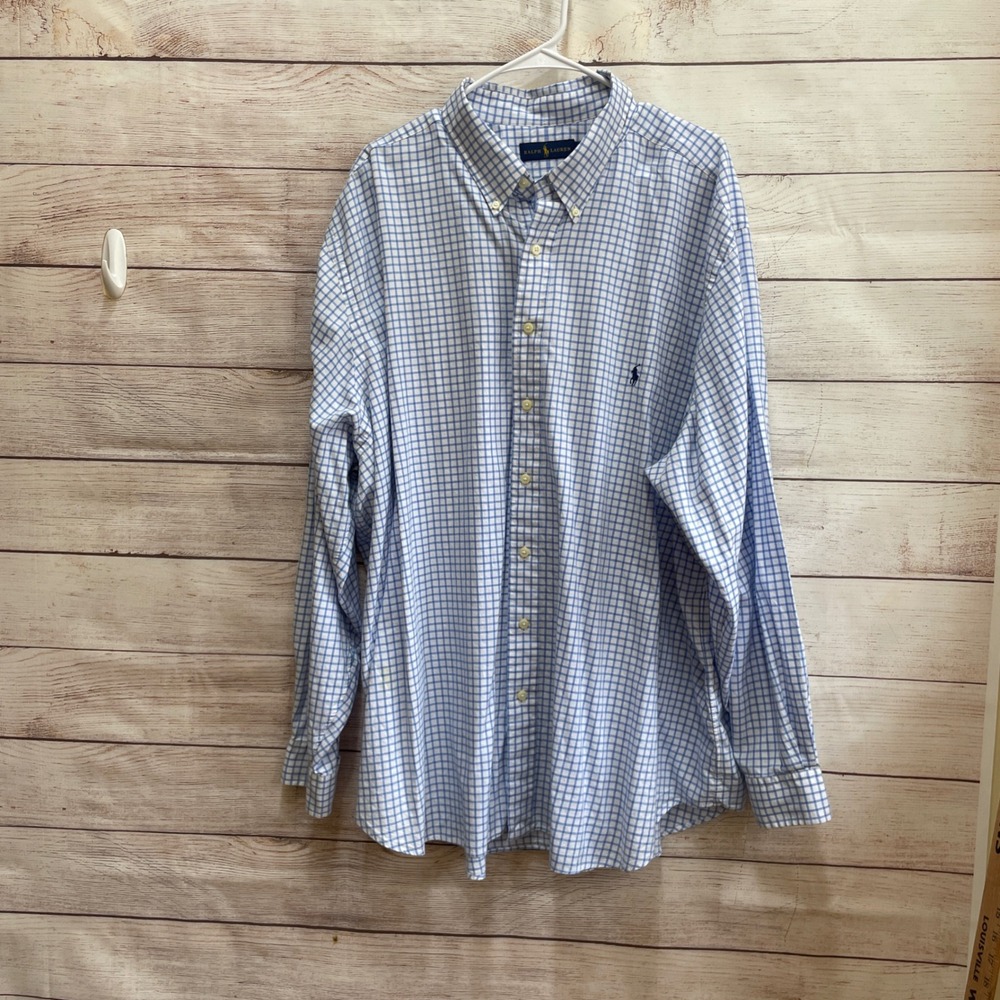 RALPH LAUREN BLUE AND WHITE CHECKED LONG SLEEVE SHIRT